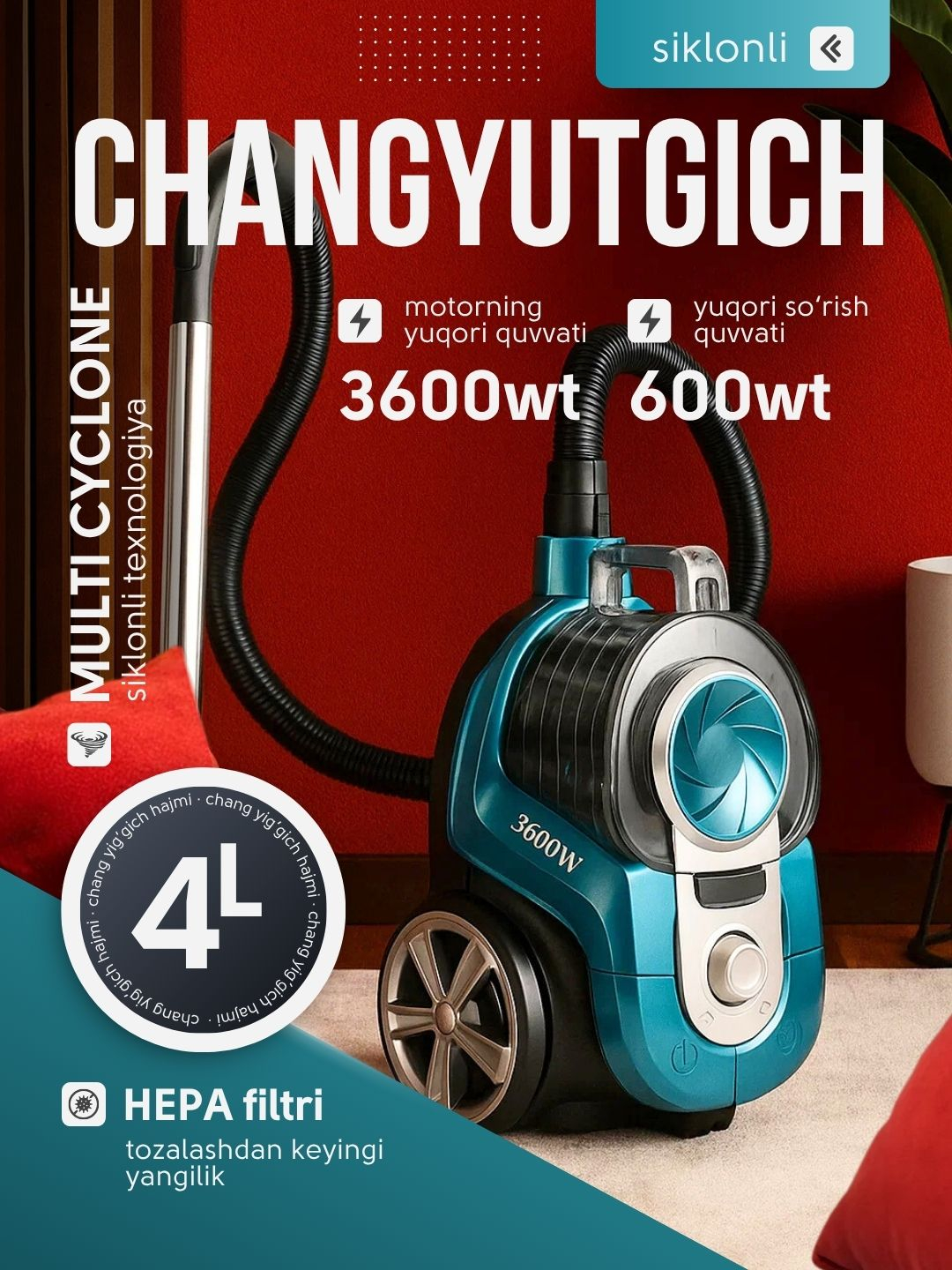 Пылесос 3600 Вт, 600 Вт всасывания, HEPA, 4 л за 969030 сум со скидкой 52%. Uzum Market