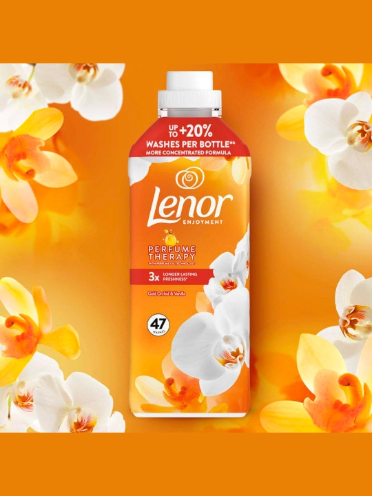 Lenor kir yuvish uchun konsentrlangan konditsioner, Oltin Orxideya va Vanil, 47 kir yuvish, 987 ml