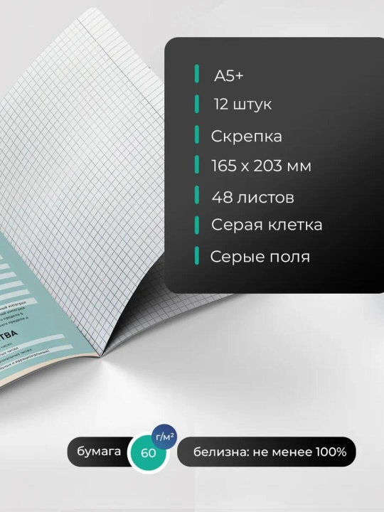 A5 formatda fan daftarlar to‘plami, 48 bet, katak va chiziqli, 12 dona, qo‘llanma bilan