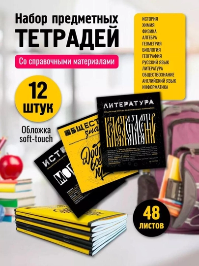 Комплект предметных тетрадей A5, 48 л, в клетку и линию, 12 шт, со справочной информацией — GORFAM-GF42475-АМЕТИС