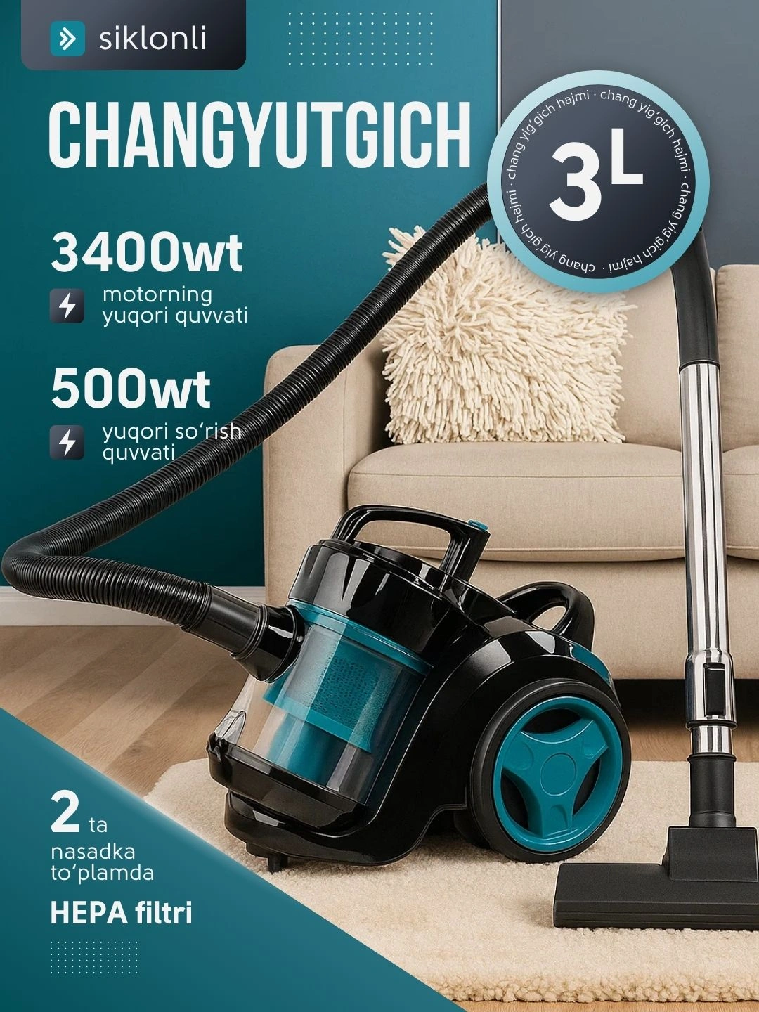 Пылесос, 3400 Вт — 5 режимов, 500 Вт всасывания, 3 л, без мешка, щётка в комплекте за 692010 сум со скидкой 54%. Uzum Market