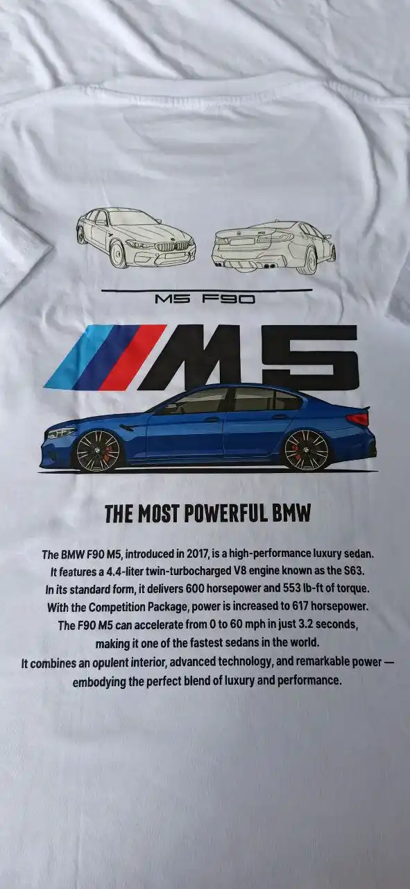 Erkaklar futbolkasi BMW M5 F90 print bilan, 100% paxta