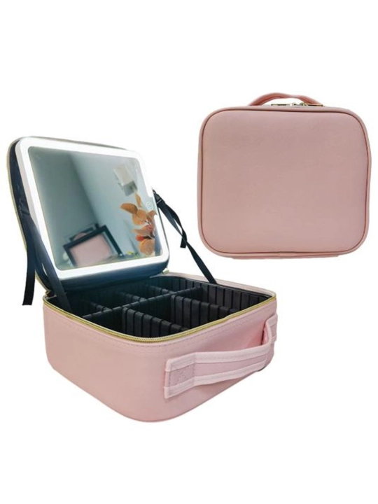 Organizer kosmetik sumka, orqa yorug'likli oyna sayohat kosmetik sumkasi pushti rang