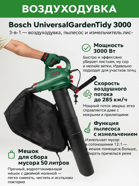 Садовая воздуходувка-пылесос Bosch UniversalGardenTidy 3000, 1.8 кВт, 41 л