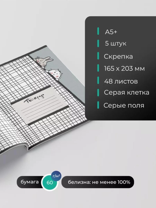 Комплект тетрадей А5, 48 листов, 5 шт, в клетку, для девочек
