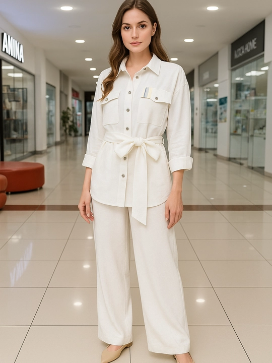 Paxtadan tikilgan ko‘ylak va keng shimli ayollar kostyumi, sutli - 
