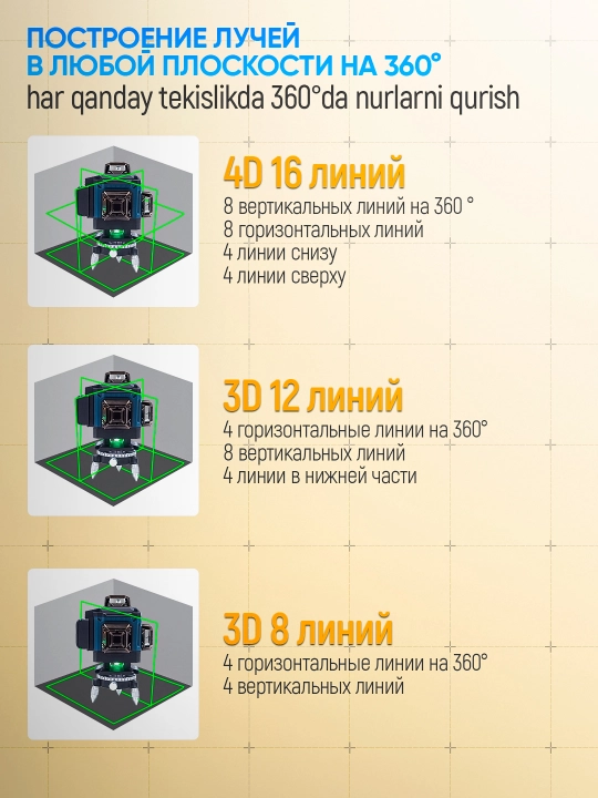 Lazer darajasi 4D, daraja, 360 daraja, 16 qator, tripod va ikkita batareya bilan