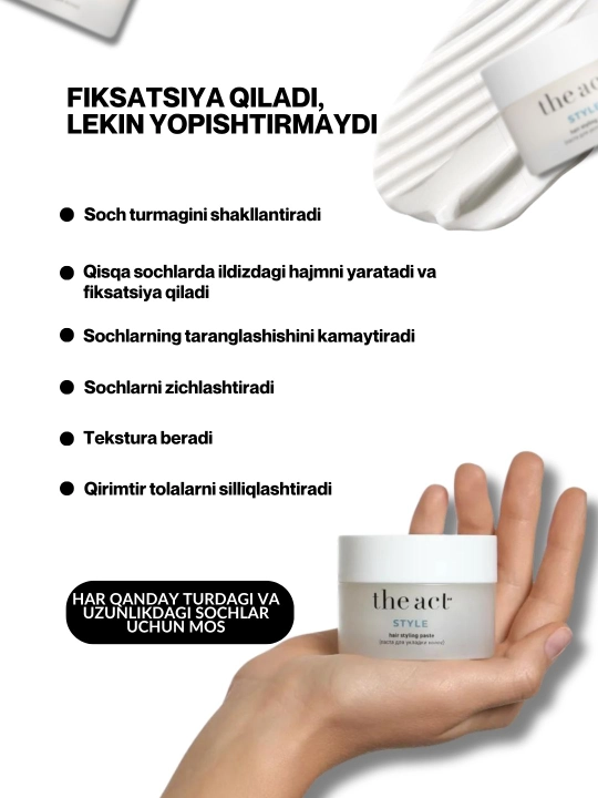 Pena, pasta, sprey, pudra uchun soch układkasi The Act, hajm, fiksatsiya, termohimoya