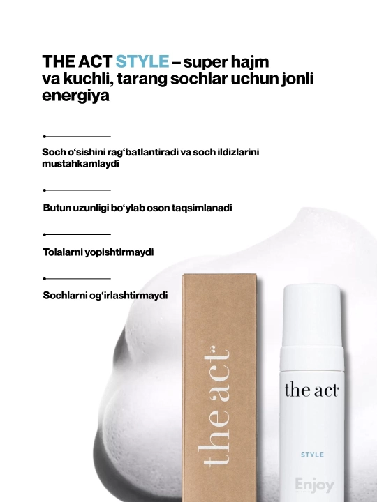 Pena, pasta, sprey, pudra uchun soch układkasi The Act, hajm, fiksatsiya, termohimoya