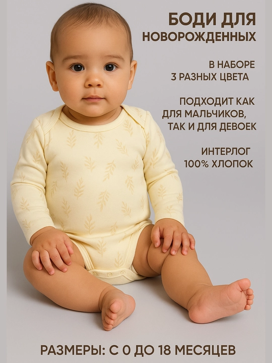 Боди для новорожденных с длинным рукавом, в комплекте 3 шт