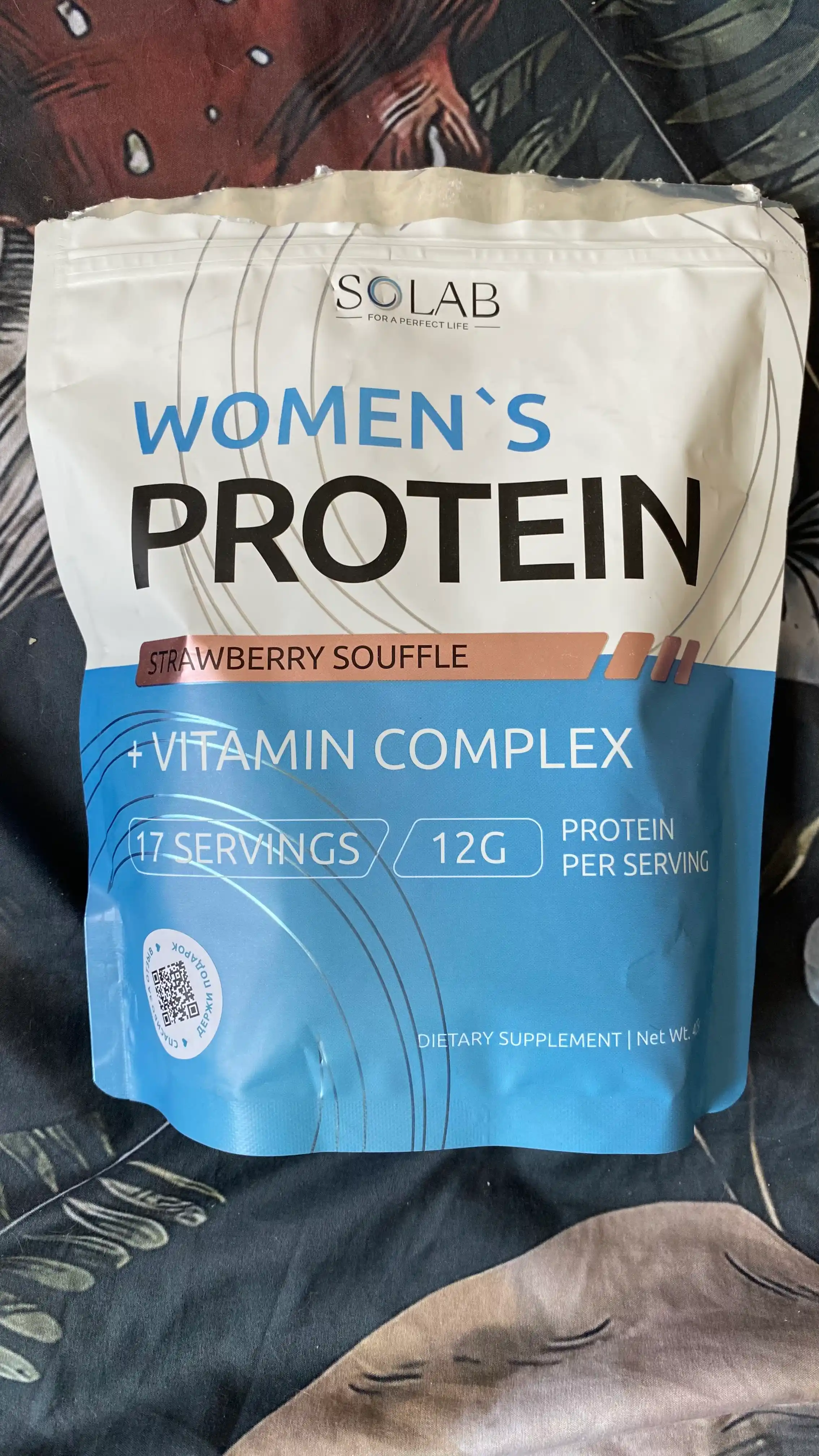 Protein ayollar uchun, SOLAB, vitaminlar bilan, Qulupnayli suflye ta'mi, 17 porsiya, 425g