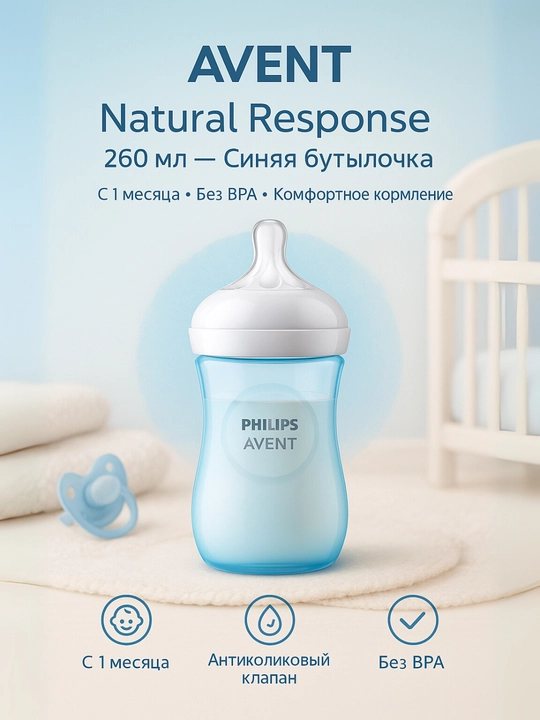 Avent Natural Response butilkasi, 260 ml, BPA-free, 5 xil dizayn, 1 oydan - 