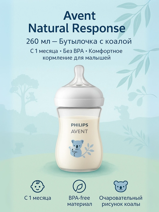 Avent Natural Response butilkasi, 260 ml, BPA-free, 5 xil dizayn, 1 oydan - 