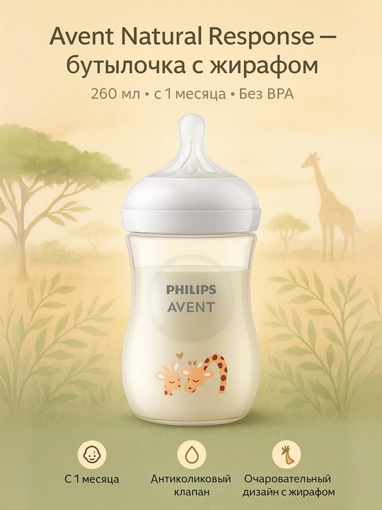Avent Natural Response butilkasi, 260 ml, BPA-free, 5 xil dizayn, 1 oydan - 