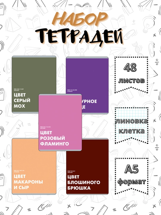 A5 daftar to‘plami, 48 varaqlik, 5 dona, katakchali, maktab va talaba uchun, Rossiyada - 