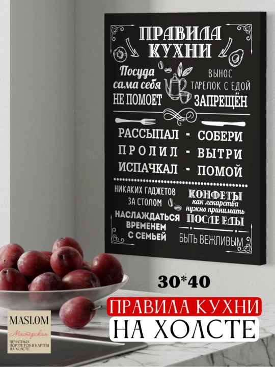 Картина на холсте "Правила кухни", для дома