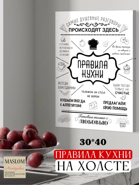 Картина на холсте "Правила кухни", для дома