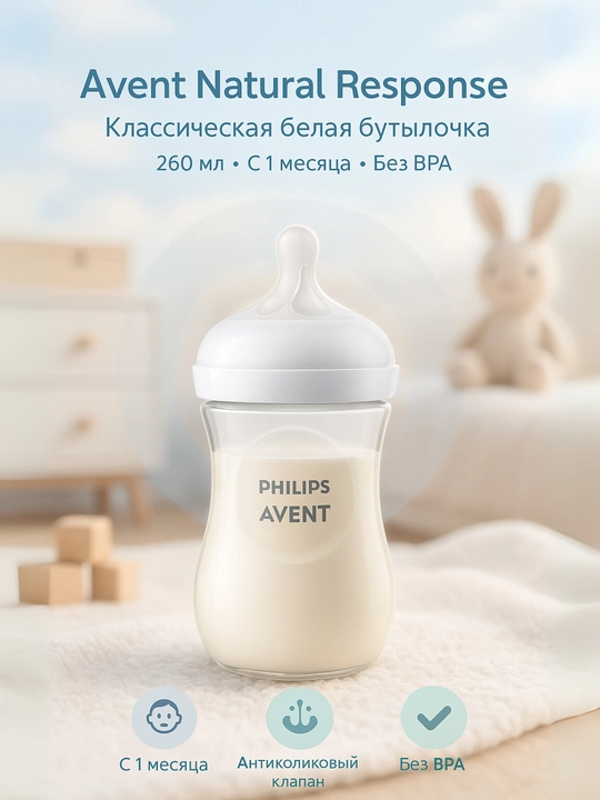 Avent Natural Response butilkasi, 260 ml, BPA-free, 5 xil dizayn, 1 oydan - 