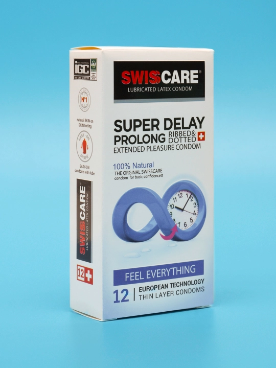Swiss Care Super Delay prezervativlari 12 dona, uzaytiruvchi, qovurg‘ali va pufakchali - 
