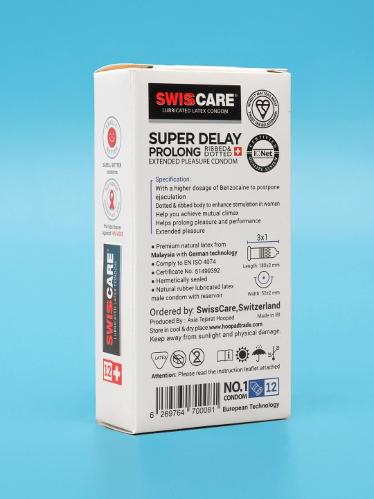 Swiss Care Super Delay prezervativlari 12 dona, uzaytiruvchi, qovurg‘ali va pufakchali