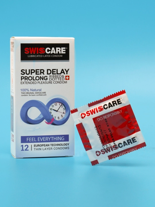 Swiss Care Super Delay prezervativlari 12 dona, uzaytiruvchi, qovurg‘ali va pufakchali