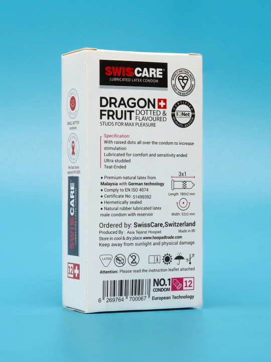 Swiss Care Dragon Fruit 12 dona, xushbo‘y, qovurg‘ali va pufakchali prezervativlar