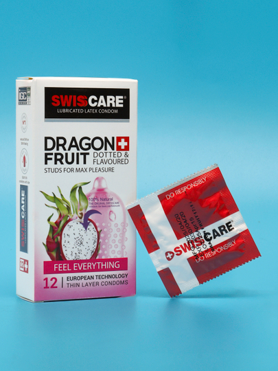 Swiss Care Dragon Fruit 12 dona, xushbo‘y, qovurg‘ali va pufakchali prezervativlar