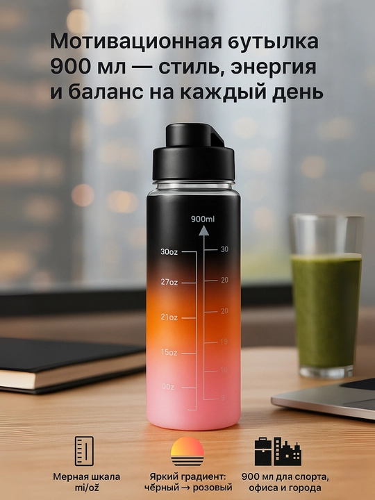 Мотивационная бутылка для воды, 900 мл, с градиентом и отметками времени - 