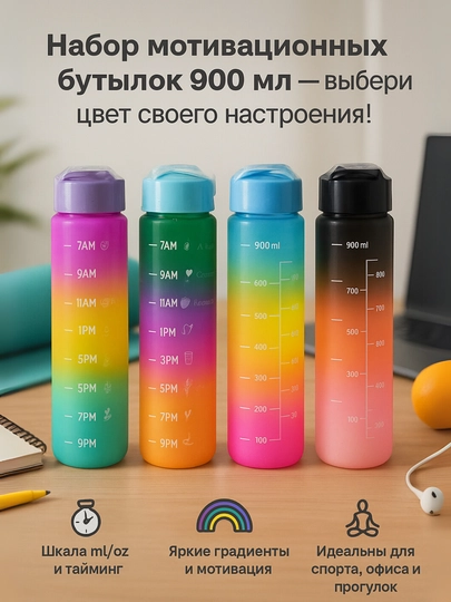 Мотивационная бутылка для воды, 900 мл, с градиентом и отметками времени