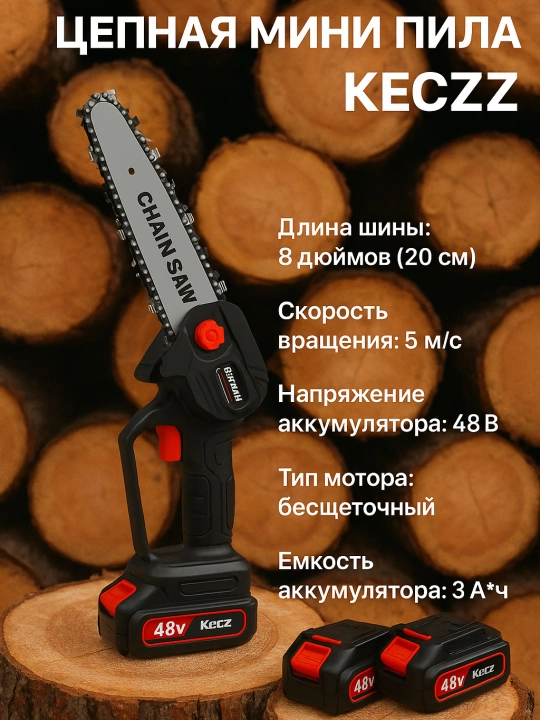 Zanjirli mini arra KECZZ, simsiz, chotkasiz, 8 dyuym, 20 sm, keys bilan - 