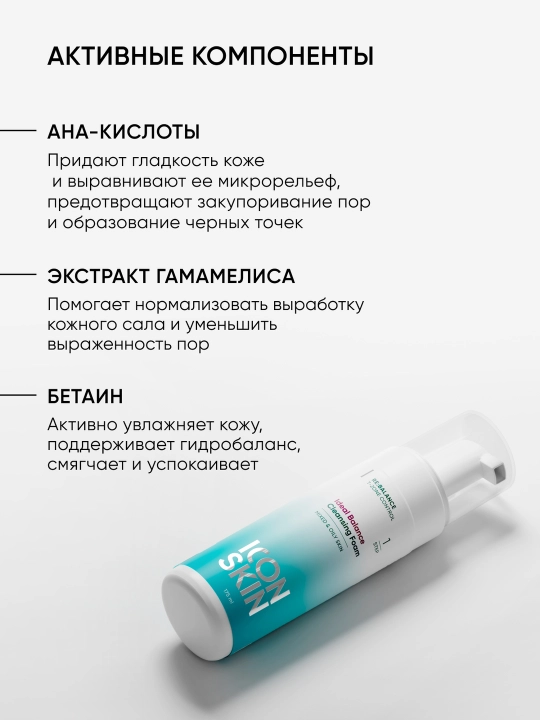 Пенка для умывания очищающая, AHA+BHA кислоты, ICON SKIN, 175 мл