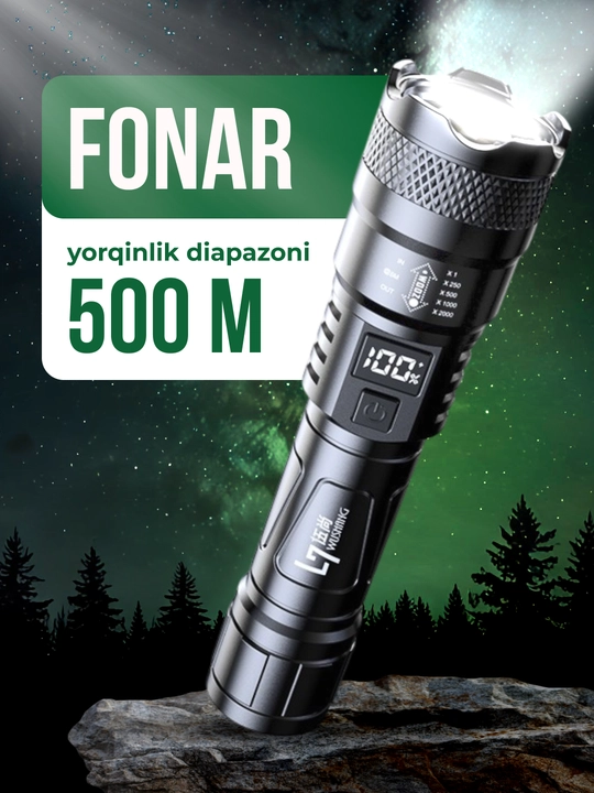 Fonar svetodiodli, qayta zaryadlanuvchi, ov va baliq ovlash uchun