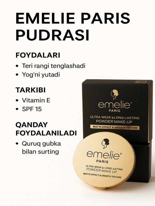 Emelie matlovchi upa, 01 va 02, 2 tasi 1 da, 24 soat mat tekislaydi, SPF 15