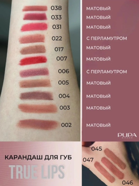 Карандаш для губ Pupa true lips стойкий мягкий