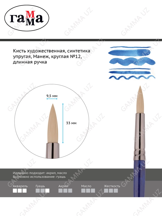 Кисть художественная, синтетика упругая, Гамма "Манеж", круглая, длинная ручка №12, 502012