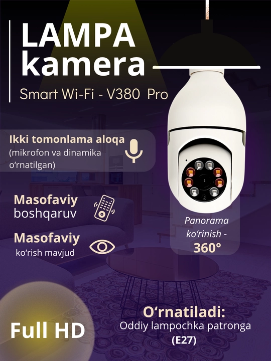 Hikvision, V380, Icsee Wi-Fi 360° kuzatuv kamerasi, video kuzatuv kamerasi, kamera