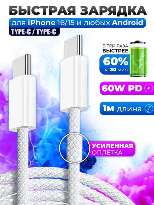 Кабель для iPhone 15, 16 USB Type-C to Type-C Cable 60W, 1 м - 