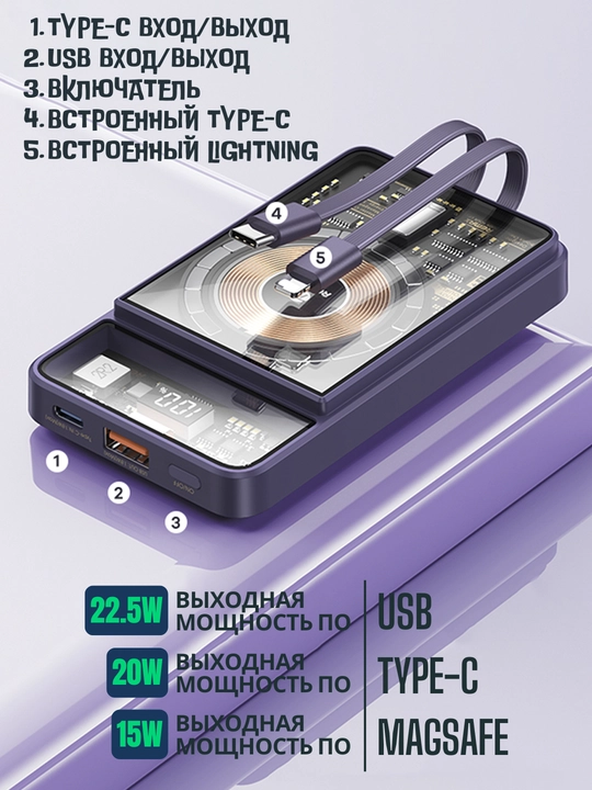 REMAX Power Bank tashqi batareyasi 22,5 W tez zaryadlash, 10000 dan 50000 mA/h, Type-C