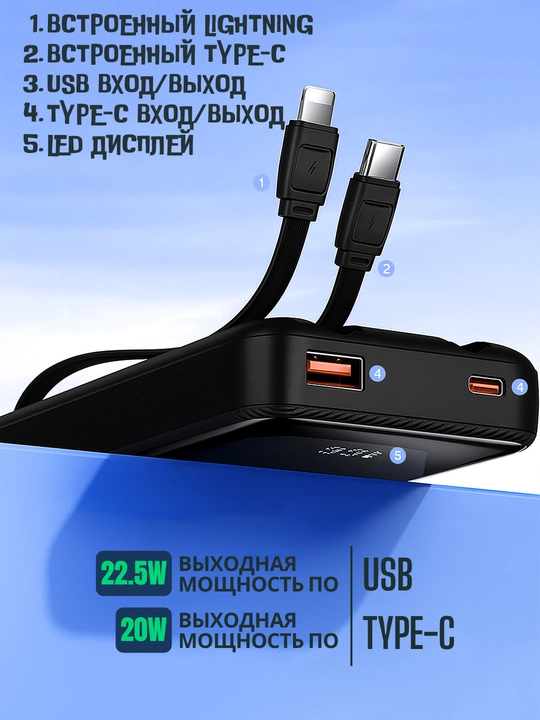 REMAX Power Bank tashqi batareyasi 22,5 W tez zaryadlash, 10000 dan 50000 mA/h, Type-C