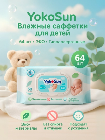 Детские влажные салфетки YokoSun, 18, 64, 100, 120 шт, экологичные, гипоаллергенные — AVENT-YKSNSLF-АЛЫЙ