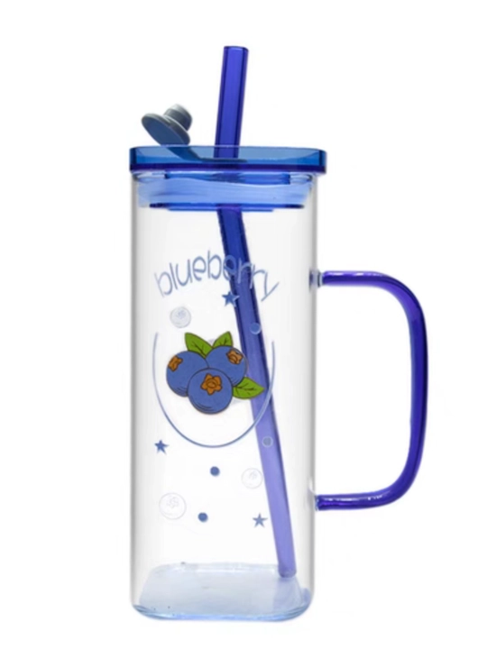 Limonadlar va ichimliklar uchun qopqoqli va naychali shisha stakan, 350 ml - 