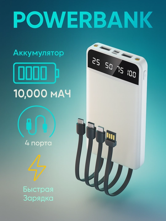 Внешний аккумулятор Power bank 20000 мА/ч, 10000 мА/ч, быстрая зарядка с кабелем - 