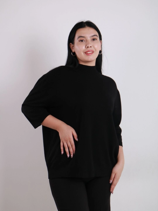 Ayollar uchun trikotaj jemper, qisqa yengli, tik yoqali