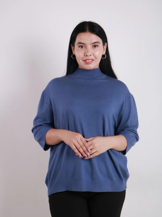 Ayollar uchun trikotaj jemper, qisqa yengli, tik yoqali
