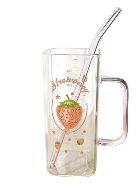 Limonadlar va ichimliklar uchun qopqoqli va naychali shisha stakan, 350 ml - 
