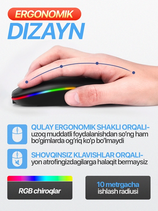 Simsiz kompyuter sichqonchachi, tovushsiz, RGB, Bluetooth