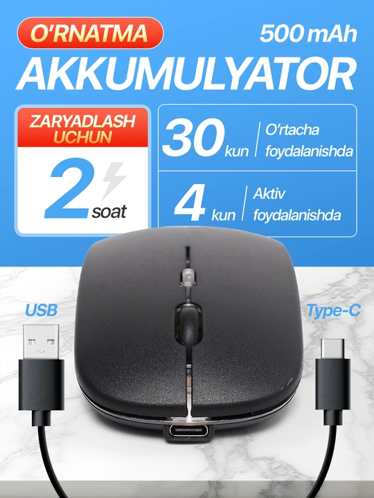 Simsiz kompyuter sichqonchachi, tovushsiz, RGB, Bluetooth
