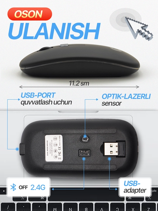 Simsiz kompyuter sichqonchachi, tovushsiz, RGB, Bluetooth