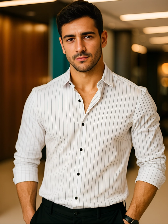 Erkaklar ko‘ylagi, klassik, belga yopishgan, yo‘l-yo‘l, bir xil rangli Slim Fit - 