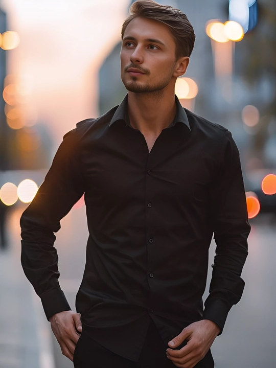 Erkaklar ko‘ylagi, klassik, belga yopishgan, yo‘l-yo‘l, bir xil rangli Slim Fit